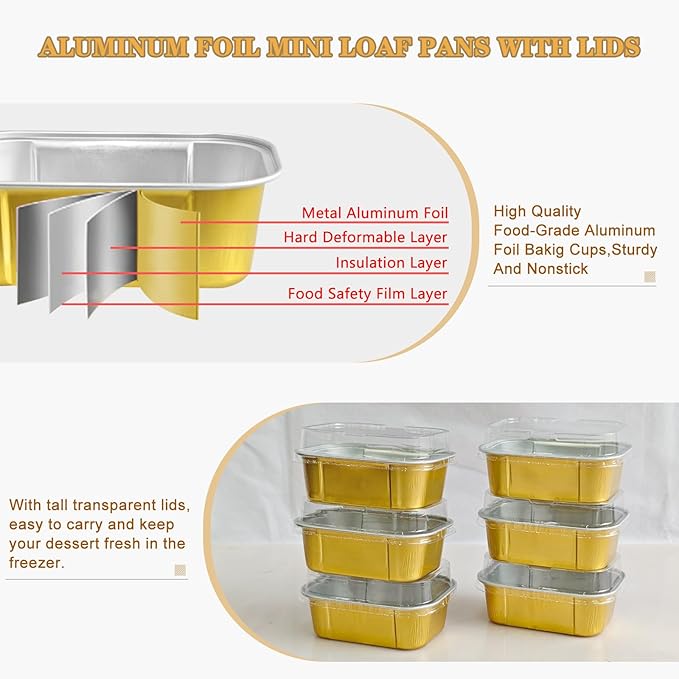 Mini Cake Pans With Lids And Spoons,5.5 oz Rectangle Mini individual Loaf Pans Disposable Aluminum Foil Small Baking Cups Tins (200, Gold)