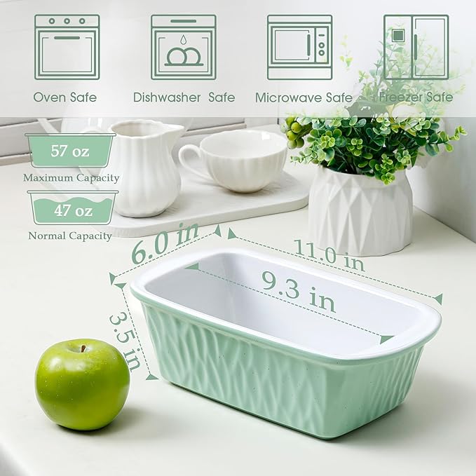 NUTRIUPS 9 x 6 Inch Rectangular Ceramic Loaf Pan for Baking Bread (Green)