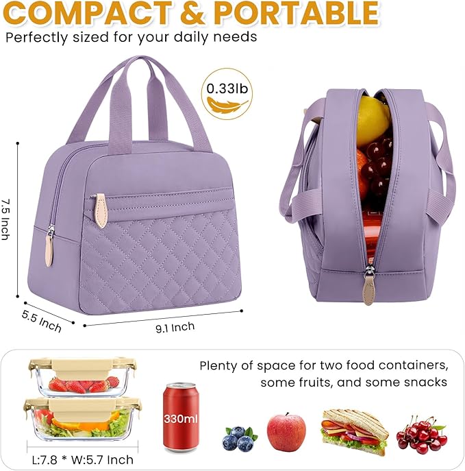 Insulated Lunch Bag for Women, Portable Lightweight Lunch Box for Adults, Reusable Small Lunch Tote Cooler Bags with Front Zipper Pocket for Work School Picnic(Purple)