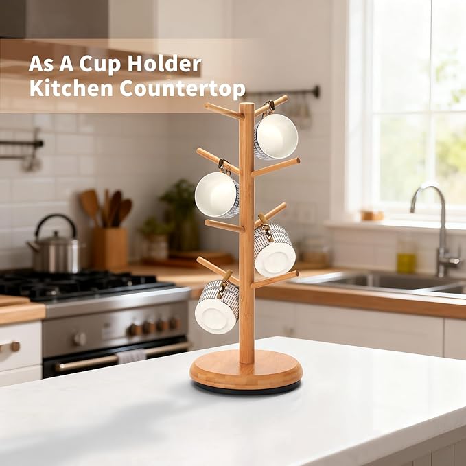 BAMBANG Mug Holder Tree, 360° Rotating 8 Hooks Coffee Cup Holder for Counter Top, Bamboo Coffee Mug Rack Stand for Kitchen Countertop Home, Natural