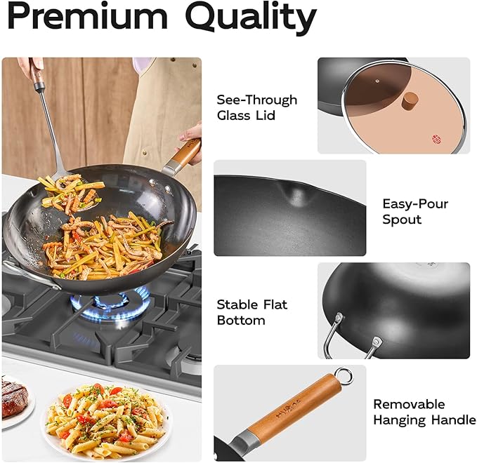 WANGYUANJI 14.2" Heavy Duty Carbon Steel Wok (Seasoning Required), Extra Large Refined Iron Stir Fry Pan for 4-6 People, Uncoated Flat Bottom Induction Wok