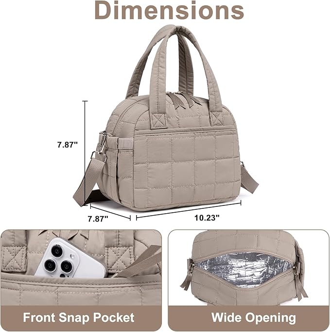 LEDAOU Lunch Box for Women Lunch bag Quilted Puffer Lunch Box with Adjustable Strap Insulated Reusable LunchBox for Work School Picnic Travel (Grey)