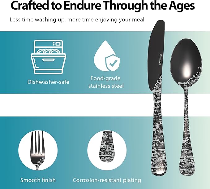 Wave Cutlery Set 20 Pieces Stainless Steel Flatware Set Service for 4 Utensils For Home Kitchen Wedding Laser Engraved Dishwasher Safe (All Black)