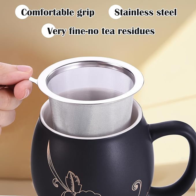 Yundu 12 OZ Ceramic Mug with Lid & Tea Strainer - Matte Black Tea Cup with Golden Flower, Stainless Steel Infuser for Loose Leaf Tea