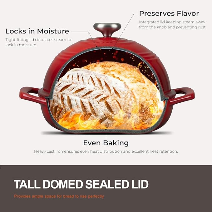 Overmont Enameled Cast Iron Bread Oven - 6QT Bread Dutch Oven for Sourdough Bread Baking - Bread Pot with Dome Lid Cotton Potholders & Cookbook - Multi-Functional Bread Pan For Baking Frying Roasting