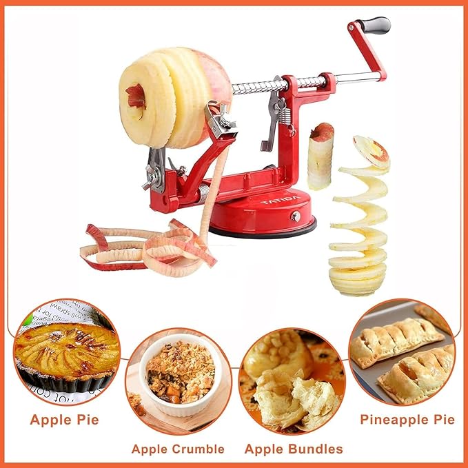 Apple Peeler Corer, 5 In 1 Apple Peeler Slicer Corer with Stainless Steel Blades and Powerful Suction Base for Apples and Potatoes(Ruby)