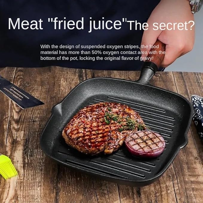 9 Inch Nonstick Grill Pan for Stove Tops, Versatile Uncoated Non-stick Surface Pan, Cast Iron Steak Pot, Indoor & Outdoor Grilling, Free Clips and Oil Brushes