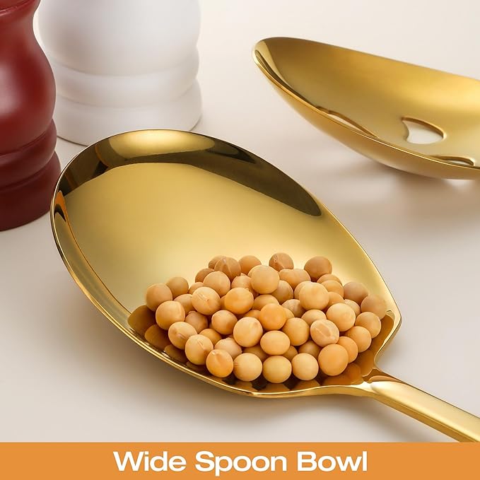 Extra Large Serving Spoons Set 11.7-Inch Gold Serving Slotted Spoon x 2 Serving Spoon x 2, 18/8 Stainless Steel Big Serving Utensil for Buffet, Parties, Catering - Dishwasher Safe(4-Pack, Gold)