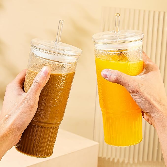 Glass Cups with Lids and Straws,24oz Glass Tumbler with Handle Iced Coffee Cup for Coffee,Juice,Tea,Milk,Smoothie,Hot & Cold Drinks (Clear)