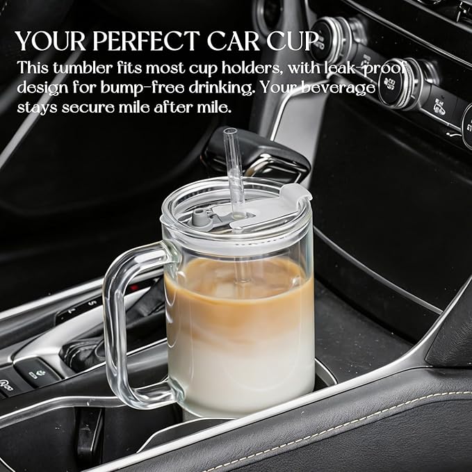 KEMORELA 2-Pack 26oz Ribbed Glass Tumblers with Handle and Lid – Large Aesthetic Iced Coffee Cups with Straws, Modern Textured Glass Mugs for Smoothies, Tea, Juice & Cold Beverages, Dishwasher Safe
