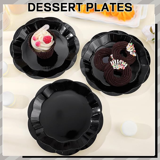 30 Pcs Black Paper Plates, 7 Inch Scalloped Black Plates Cake Dessert Plate Disposable for Party, Birthday, Wedding, Daily Meals, Picnic, Camping