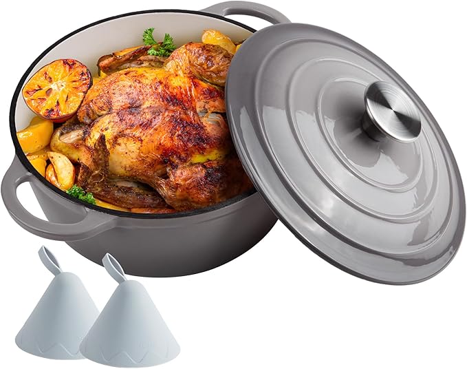 4 Quart Dutch Oven Enameled Cast Iron with Lid - Big Dual Handles - Oven Safe up to 500°F - Classic Round Pot for Versatile Cooking Light Gray