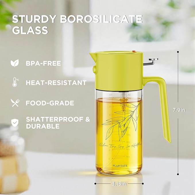 2Pcs 17oz Premium Olive Oil Sprayer for Cooking, 2 in 1 Glass Olive Oil Dispenser Bottle for Kitchen Gadgets, Spray Bottle with Portion Control for Salad, Frying, BBQ (Black & Lime Yellow)