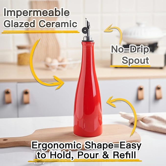 YOLIFE Olive Oil Dispenser Bottle, 16oz Ceramic Oil Dispenser for Kitchen, Oil Bottle with Gravity Spout, Leak Proof EVOO Dispensing Bottle with 2 Spouts and 1 Funnel for Vinegar, Juice(Red)