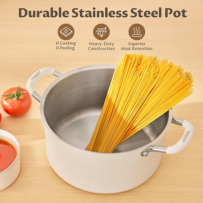 6 Quart Nonstick Stock Pot with Lid, BEZIA Fully-Clad 3-Ply Stainless Steel Pots, Induction Soup Pot with Lid, Kitchen Cooking Pots with Silicone Handle, for All Cooktops, Free of PTFE/PFOA/PFOS
