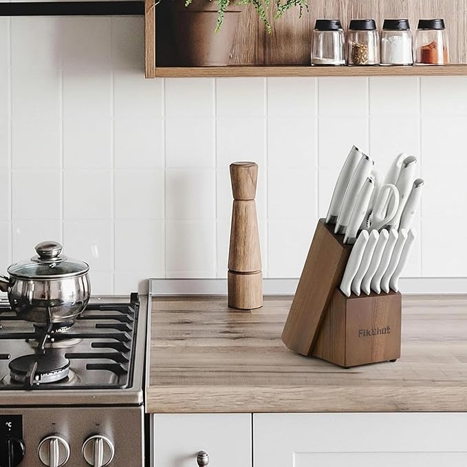Knife Set 14-Piece Professional Chef Knives with Block and Sharpener, Elegant White Stainless Steel for Small Apartments, Modern Kitchens and Rental Homes, Dishwasher-Safe, Gift for Chefs