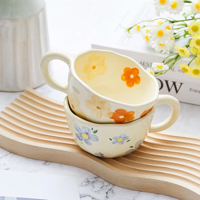 Vesici 2 Pcs Ceramic Coffee Mugs with Spoon, Vintage Floral Spring Mugs with Handle, 8.5 oz Aesthetic Flower Porcelain Tea Cup Set, Dishwasher & Microwave Safe for Home Office Gift(Vivid)