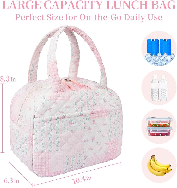 Quilted Lunch Box for Women,Coquette Aesthetic Lunch Box for Teen Girls,Cute Pink Floral Patchwork Lunch Bags for Work, School,Office,Picnic,Travel (pink floral pin)