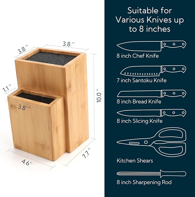 Bamboo Universal Knife Block, Extra Large Two-tiered Slotless Bamboo Knife Stand Organizer Holder, Convenient Safe Storage for Knives & Utensils, Detachable Bristles for Easy Cleaning -by KITCHENDAO