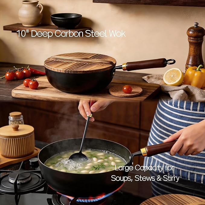 Calmabode 10" Pre-Seasoned Carbon Steel Wok - Fast, Even Heating - Works on Gas, Electric & Induction - Durable Commercial-Grade - Ready-to-Use, Easy Maintenance - Toxin-Free Cooking - Deep Pan