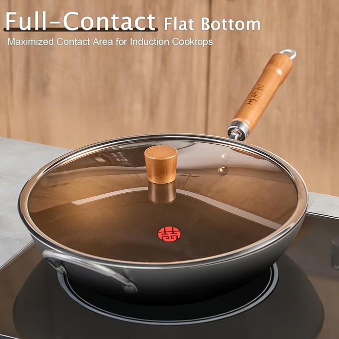 WANGYUANJI Iron Wok,12.59 inch Woks for Stir-fry, Chinese Stir Fry Pan Uncoated, Traditional Flat Bottom Iron Pot for Induction, Electric, Gas, Suitable for All Stoves(Pure Iron Wok)