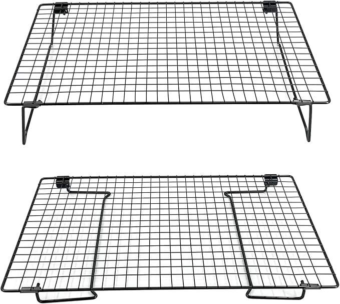 2-Pack 16.9x11inch Cooling Rack with Collapsible Legs & Stainless Steel Food Tongs - Folding Cooking Baking Grilling Rack for Oven, Drying, Roasting (Black)