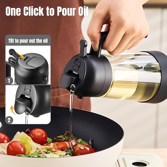 PARACITY Oil Dipenser Bottle with Silicone Bottom, 2 in 1 Olive Oil Sprayer and Dispenser, Oil Spray Bottle 500ML/ 17OZ for Cooking, Kitchen, BBQ, Air Fryer, Salad, Baking(1PC Black)