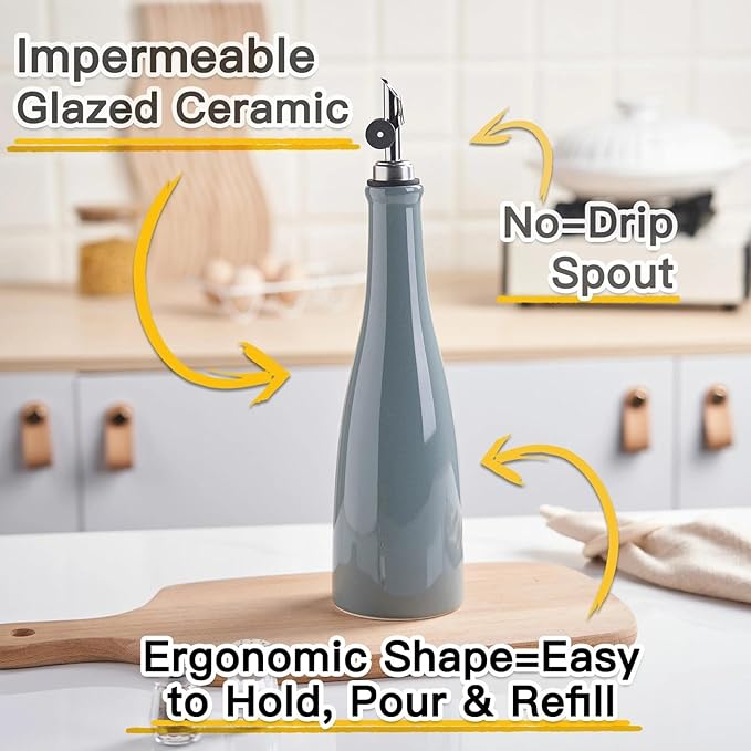YOLIFE Olive Oil Dispenser Bottle, 20oz Ceramic Oil Dispenser for Kitchen, Oil Bottle with Gravity Spout, Leak Proof EVOO Dispensing Bottle with 2 Spouts and 1 Funnel for Vinegar, Juice(Gray)
