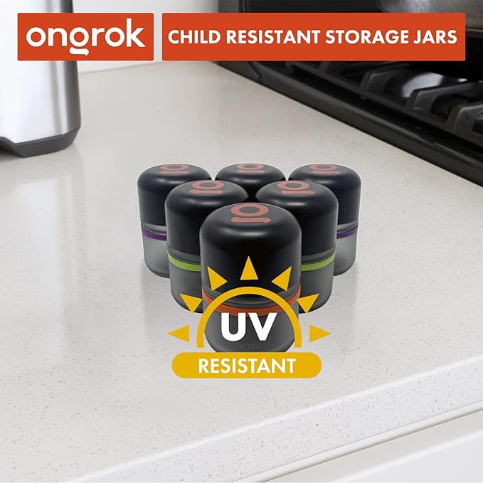 ONGROK Glass Storage Jar, 80ml, 6 Pack | UV Herb/Spice Jar with Child‑Resistant Lid, Color‑Coded Glass Containers to Preserve Smell and Aroma