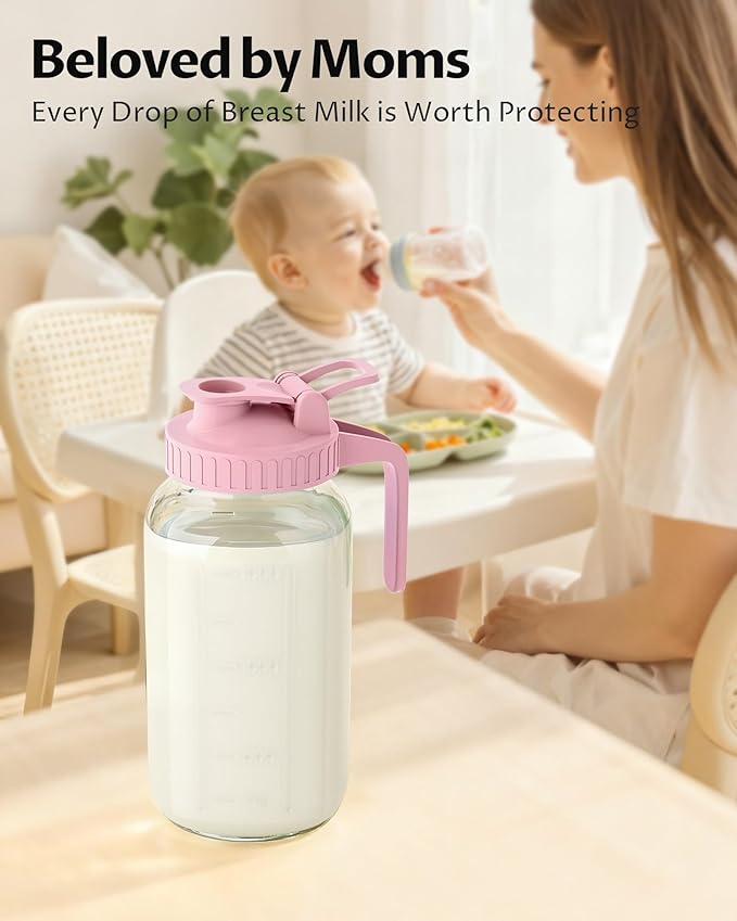 2 Pack - 64oz Glass Breast Milk Pitcher with Lid & Spout, Leakproof Mason Jar Breastmilk Pitcher - Wide Mouth, Airtight 2 Quart Water Jug for Milk Storage, Breastmilk, Sun Tea, Iced Coffee, Juice