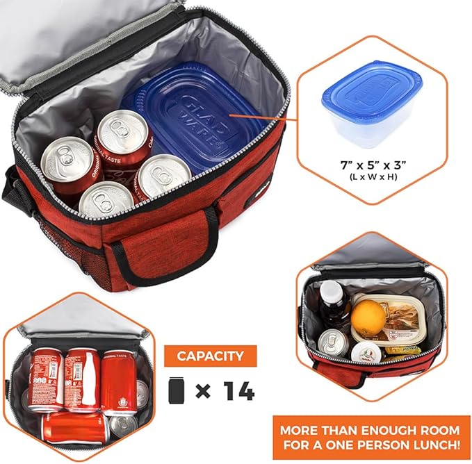 opux Insulated Lunch Bag for Men Women, Leakproof Heather Red Lunch Box for Work, Portable Soft Lunch Cooler Bag with Shoulder Strap, Adult Lunchbox Lunch Pail for Kid Boy Girl School, 14 Can/8L