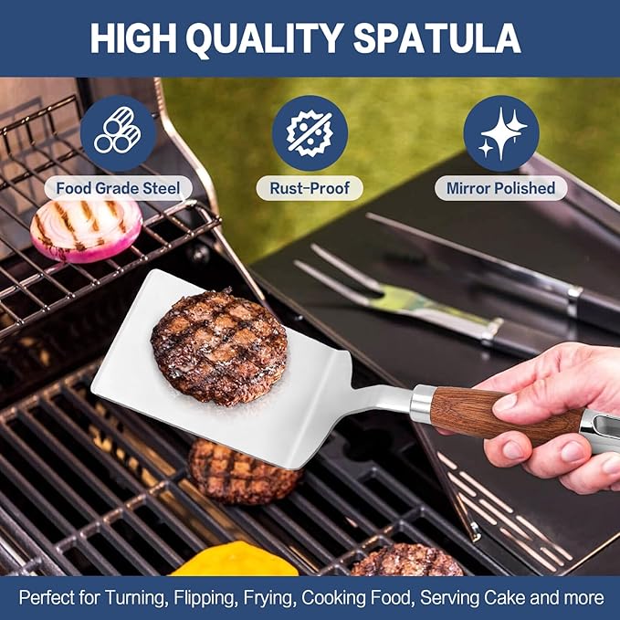 Stainless Steel Spatula Turner, Vayvnt Heavy Duty Metal Griddle Spatula for Cast Iron, Kitchen Flipper for Turning Serving, Beveled Edge & Wooden Handle, Great for Egg, Pancake, Fish, Cake, Burger
