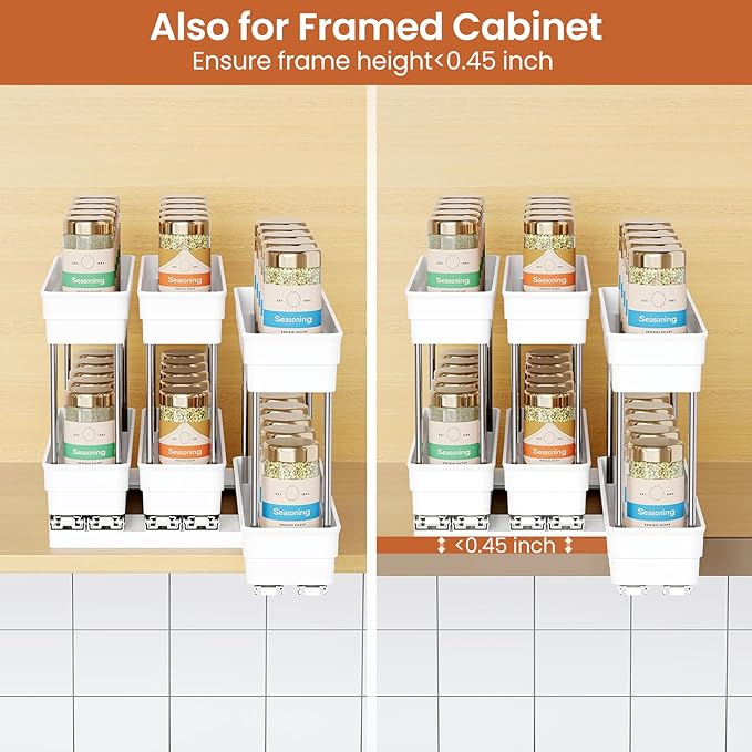Pull Out Spice Rack Organizer for Cabinet, Slide Out Spice Racks Organizer, Easy to Install Spice Cabinet Organizers, 2.3''Wx10.66''Dx8.11''H, 3 Packs-2 Tiers (White)
