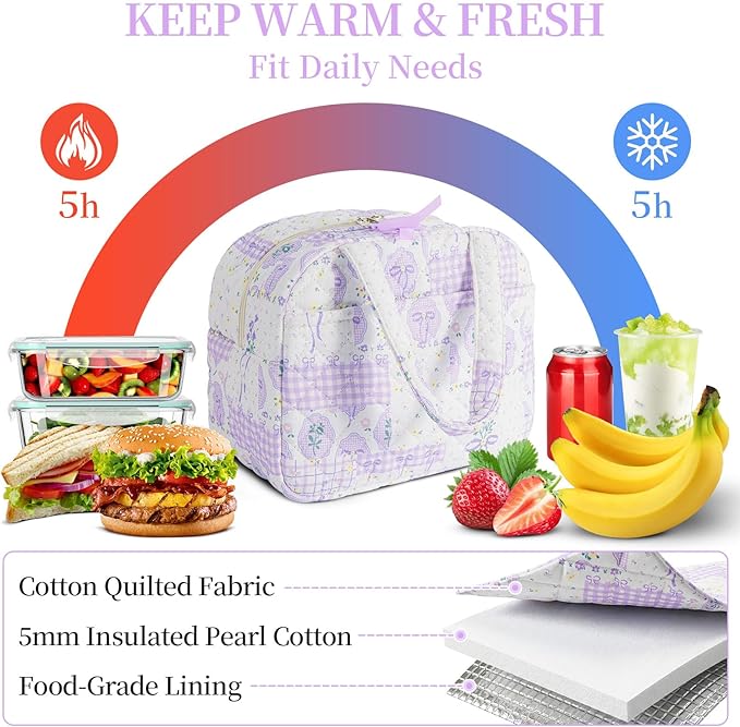 Quilted Lunch Box for Women,Coquette Aesthetic Lunch Box for Teen Girls,Cute Purple Bow Floral Lunch Bags for Work, School,Office,Picnic,Travel (Purple Bow Floral)