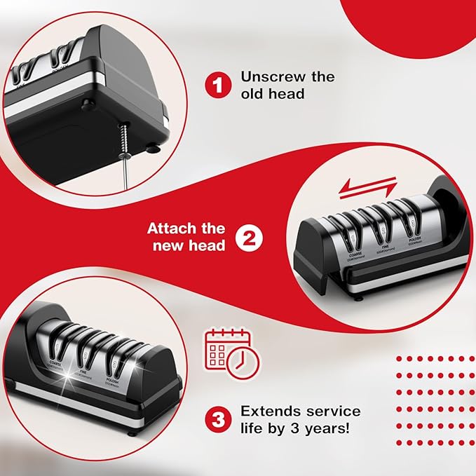 Professional Electric Knife Sharpener, 3-Stage Diamond Abrasive Sharpening System, Replaceable Sharpening Heads, 15° Precision Angle Guide for Kitchen Knives, Quick Blade Repair and Restoration