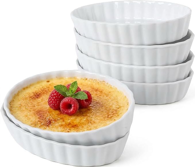 Creme Brulee Ramekins, 6 Pcs Oval Ceramic Baking Dishes, 5.2 Inch Oven Safe Baking Dishes for Souffle, Dessert, Baked Gratins, Prep Bowls for Ingredients, Dipping Sauces - Dishwasher Safe & Stackable