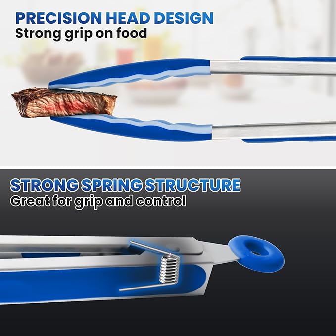 600℉ Heat Resistant Kitchen Tongs for Cooking with Silicone Tips,12-Inch Stainless Steel Locking Cooking Tongs Food Tongs for BBQ,Cooking,Salad and Serving Food,Heavy Duty,Non-Stick (Classic Blue)