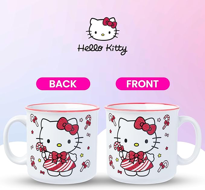 Silver Buffalo Sanrio Hello Kitty Christmas Candy Canes Glitter Ceramic Camper Mug, 20 Ounces