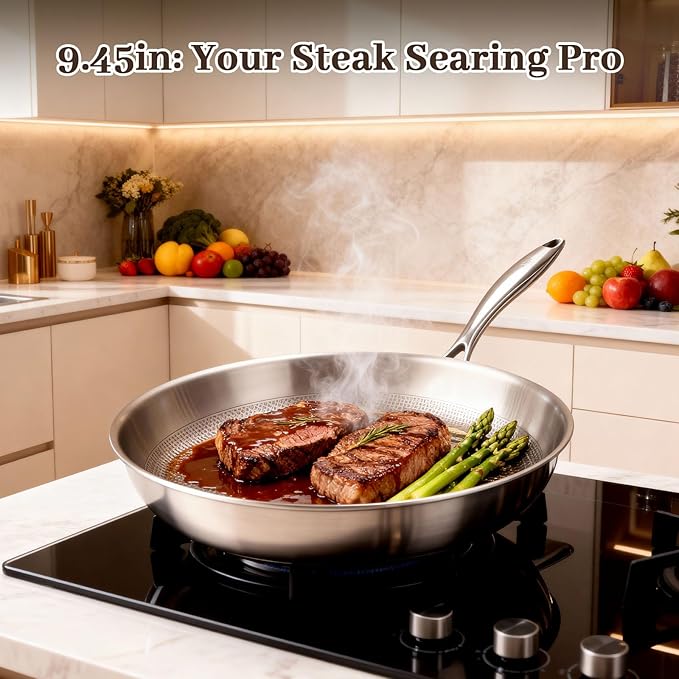 9.45 Inch Titanium Pan,99.6% Titanium Frying Pan for Cooking Healthy Non-Toxic Cookware with Lid Plateful Pan for Even Heating, Induction Compatible, Oven & Broiler Safe