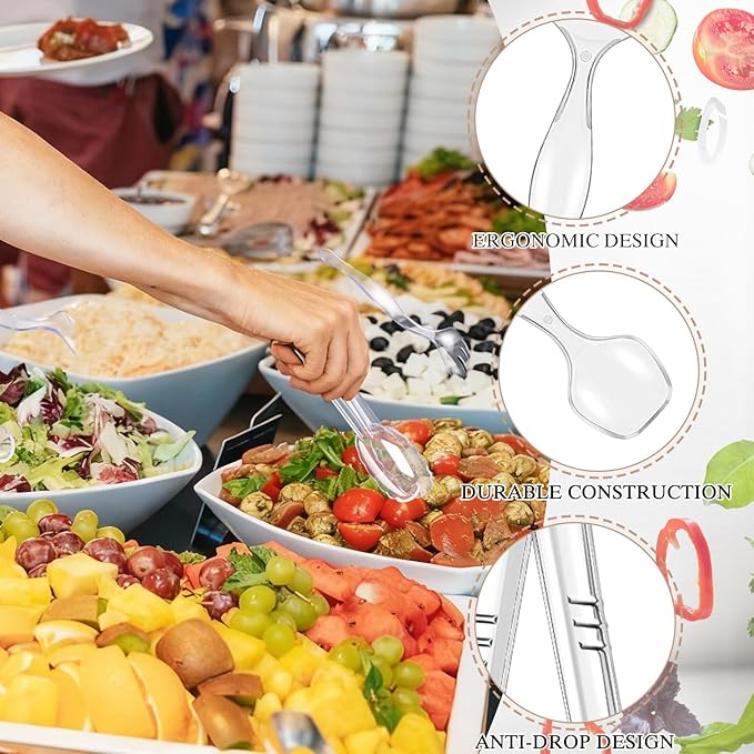 Mwellewm 72Pcs Serving Utensils Large Plastic Serving Utensils Set Serving Spoons for Buffet Clear Disposable Plastic Tongs 8.5'' Heavy Duty Slotted Spoons/Forks Supplies for Party Food Salad Soup