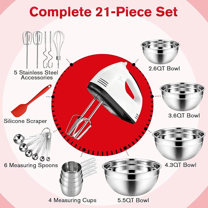 Electric Hand mixer - 7 Speeds Handheld Mixer Electric Whisk with 4 Large Mixing Bowls Set & Stainless Steel Metal Nesting Bowl Measuring Cups Spoons, Turbo Boost Food Beater for Cakes Eggs
