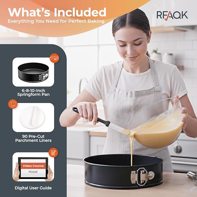RFAQK Springform Pan Set of 3 - Non-Stick Leakproof Round Cake Pans (6", 8", 10") with 90 Pcs Parchment Paper Liners and Bonus Ebook - Perfect for Cheesecakes, Baking, and More!
