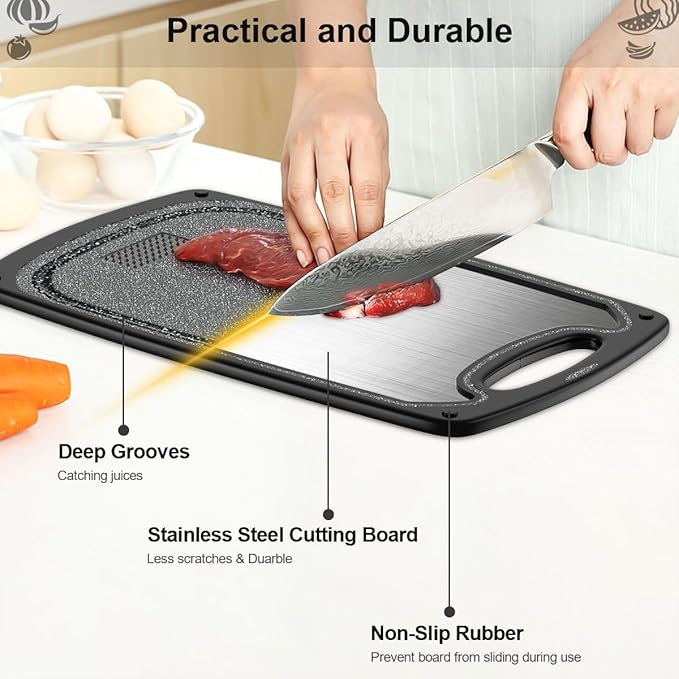 Metal Cutting Boards for kitchen, Stainless Steel Cutting Board, Dishwasher Safe, Juice Groove, Easy Grip Handle, Non-Slip Steel Cutting Board 15.6''x9.5''(1 Board)