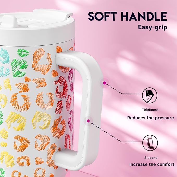 Meoky 32 oz Tumbler with Handle and Flip Straw, 100% Leakproof Tumbler with Lid and Straw, Stainless Steel Insulated Cup, Cupholder Friendly, Keeps Cold for 24 Hours (Kiss)