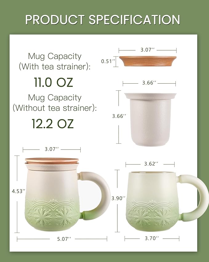 ZENS Tea Mug with Infuser and Lid, 11 oz Embossed Ceramic Loose Leaf Tea Steeper Cup, Wood Lid & Fine Strainers, Loose Tea Diffusers for Tea Lovers Gifts, Pale Green