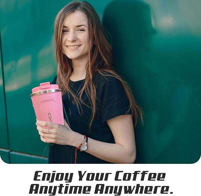 Travel coffee mugs leak-proof, reusable coffee cups with lids, stainless steel vacuum insulated coffee tumblers, thermal insulation cups for men & women keep drinks hot & cold(2nd-Pink, 12OZ)
