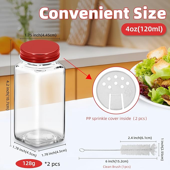 2Pcs 4oz Glass Spice Jars with Shaker Lids, Spice Jars Trial Set & Supplement Set, Empty Spice Containers and Square Spice Bottles for Kitchen (Red iron Lids)