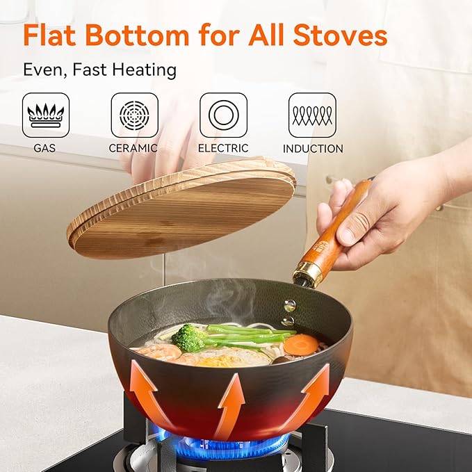 WANGYUANJI Carbon Steel Wok with Lid, 8.7" Small Wok & Stir Fry Pan, Professional Heavy Gauge Flat Bottom for Electric/Induction Stoves, Premium Personal Size Skillet for Solo Cooking (Black)