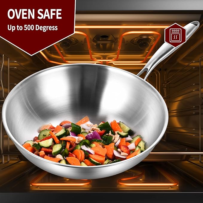 LOLYKITCH 12.5 Inch Tri-Ply Stainless Steel Wok Pan with Lid,Induction Stir-Fry Pan,Dishwasher and Oven Safe,Heavy Duty and Detachable Handle