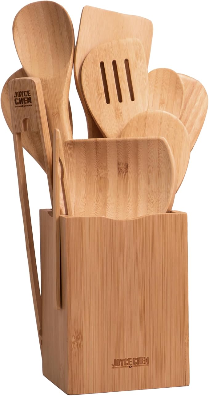 Joyce Chen 11-Piece Burnished Bamboo Cooking Utensil Set with Holder & Spoon Rest, Nonstick-Safe Spoons, Spatulas & Tongs